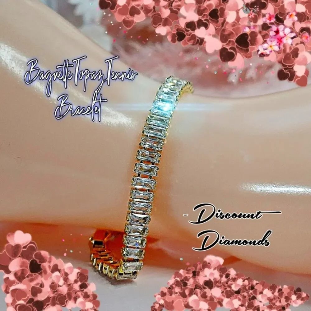 Rectangular 8 mm Clear White Topaz Tennis Bracelet 14K Gold over 925 Silver